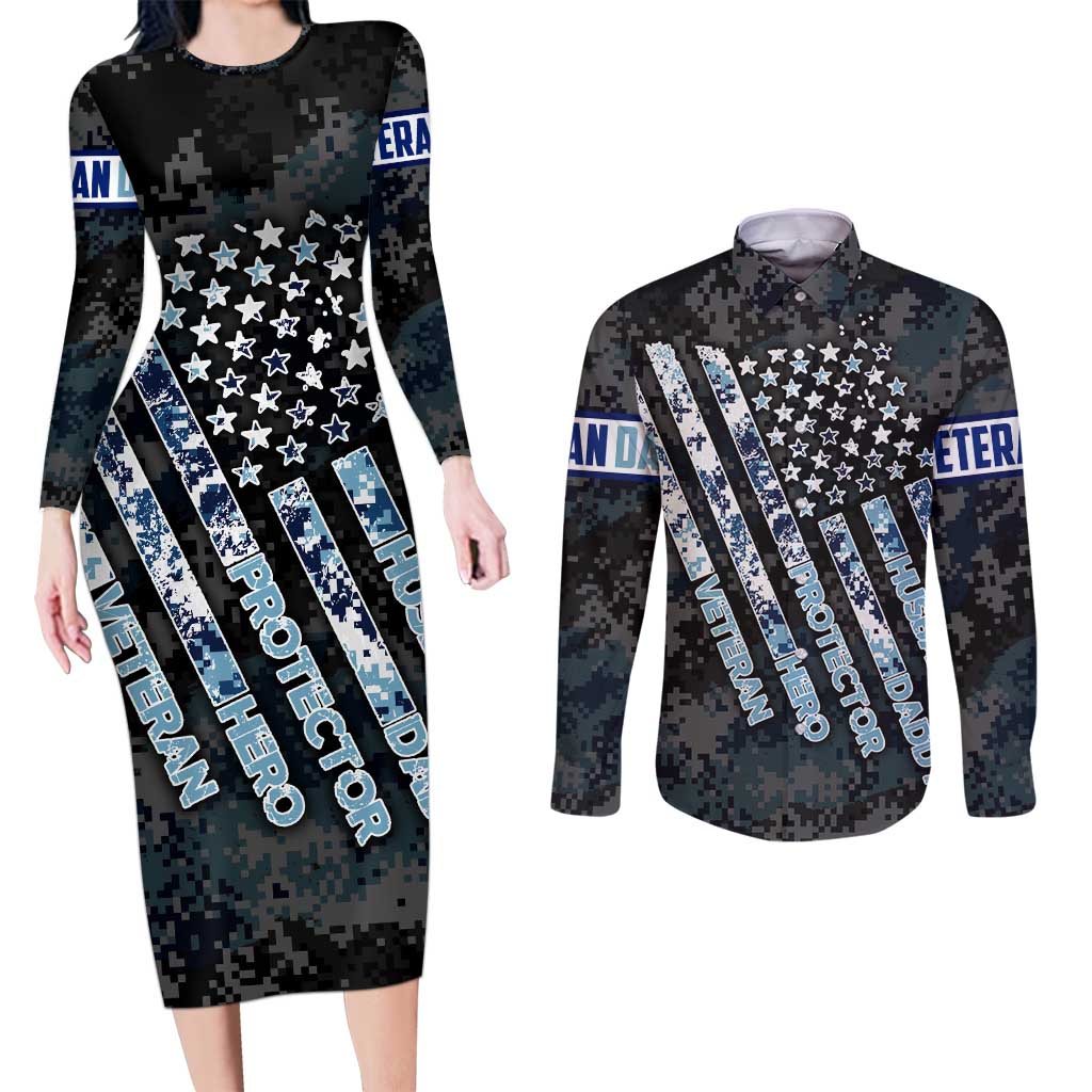 Veteran Hero Protector Husband Daddy Couples Matching Long Sleeve Bodycon Dress and Long Sleeve Button Shirt Veteran Fathers Day