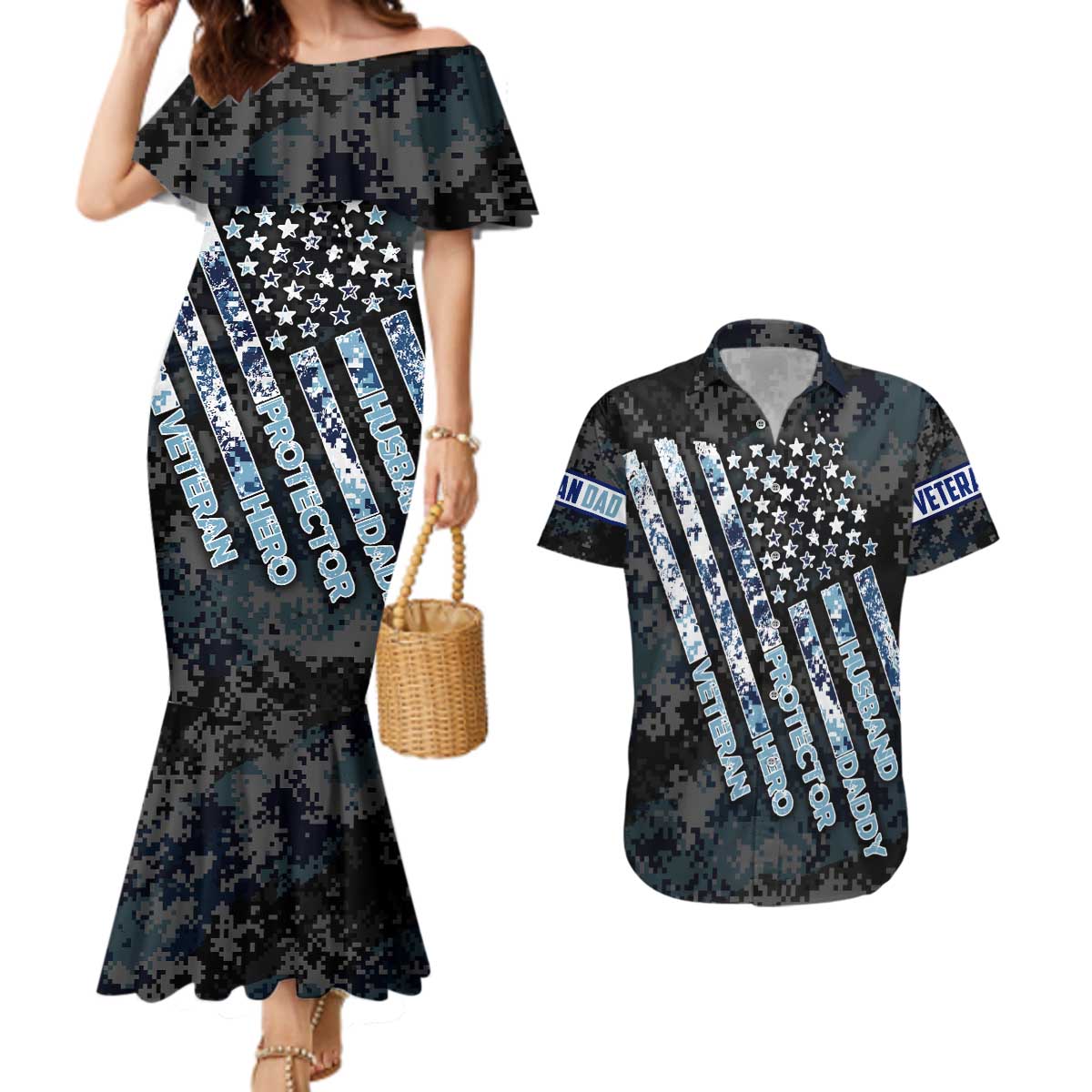Veteran Hero Protector Husband Daddy Couples Matching Mermaid Dress and Hawaiian Shirt Veteran Fathers Day
