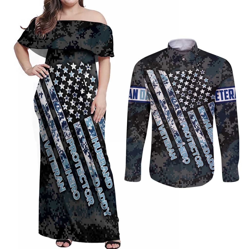 Veteran Hero Protector Husband Daddy Couples Matching Off Shoulder Maxi Dress and Long Sleeve Button Shirt Veteran Fathers Day