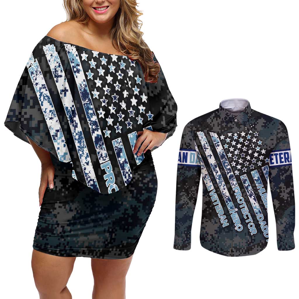 Veteran Hero Protector Husband Daddy Couples Matching Off Shoulder Short Dress and Long Sleeve Button Shirt Veteran Fathers Day