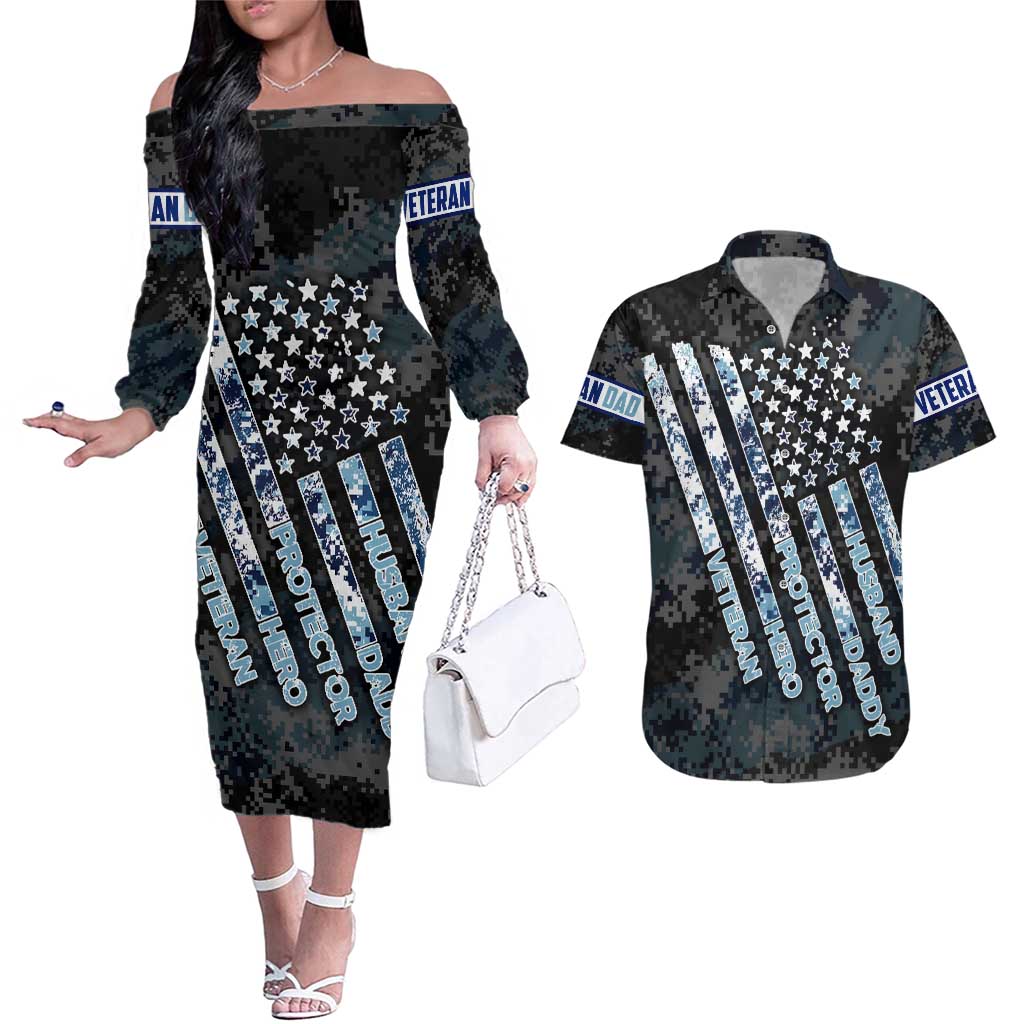 Veteran Hero Protector Husband Daddy Couples Matching Off The Shoulder Long Sleeve Dress and Hawaiian Shirt Veteran Fathers Day