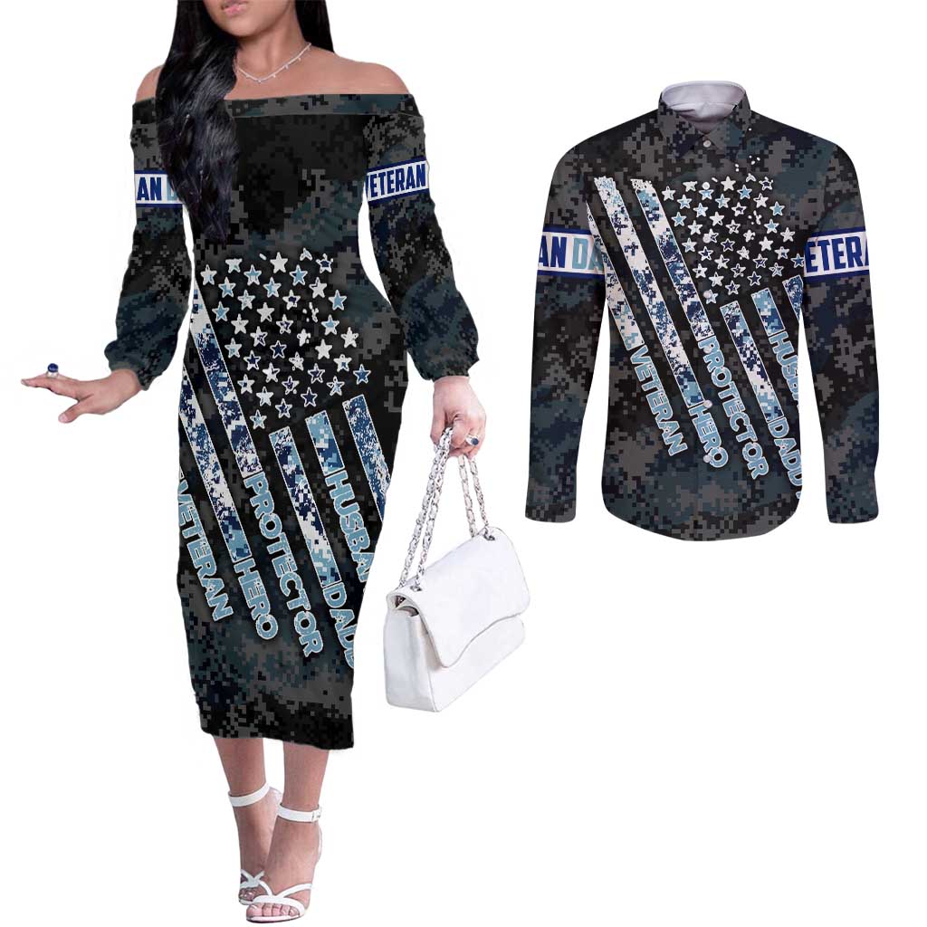Veteran Hero Protector Husband Daddy Couples Matching Off The Shoulder Long Sleeve Dress and Long Sleeve Button Shirt Veteran Fathers Day