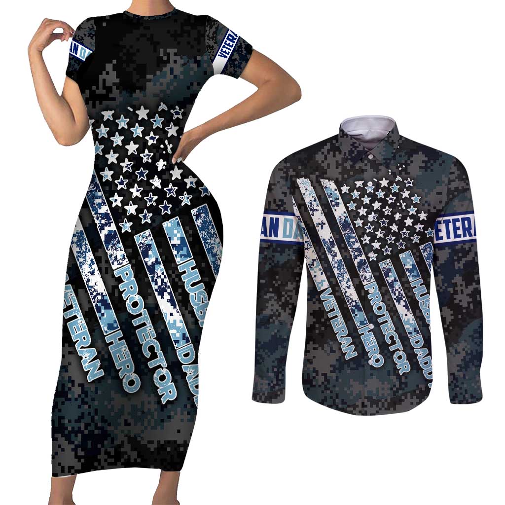 Veteran Hero Protector Husband Daddy Couples Matching Short Sleeve Bodycon Dress and Long Sleeve Button Shirt Veteran Fathers Day