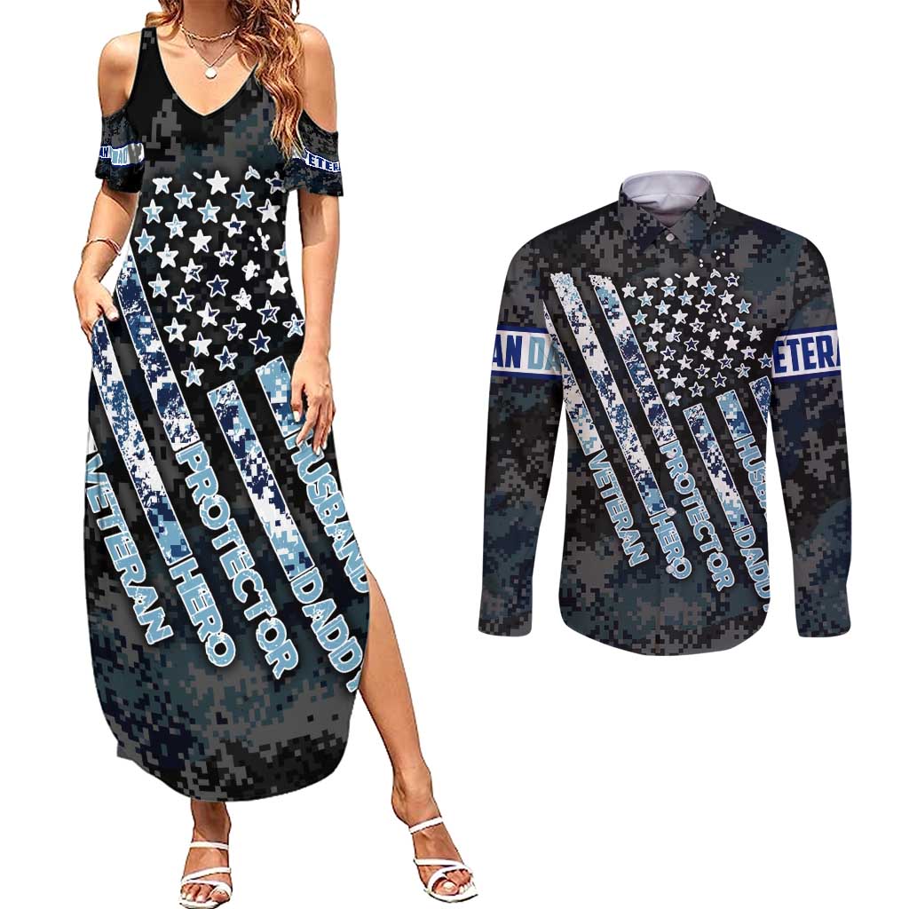 Veteran Hero Protector Husband Daddy Couples Matching Summer Maxi Dress and Long Sleeve Button Shirt Veteran Fathers Day