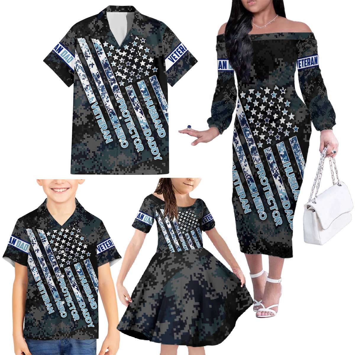Veteran Hero Protector Husband Daddy Family Matching Off The Shoulder Long Sleeve Dress and Hawaiian Shirt Veteran Fathers Day