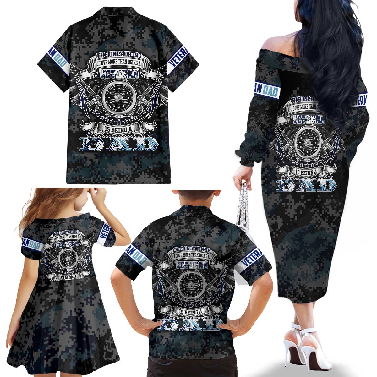 Veteran Hero Protector Husband Daddy Family Matching Off The Shoulder Long Sleeve Dress and Hawaiian Shirt Veteran Fathers Day