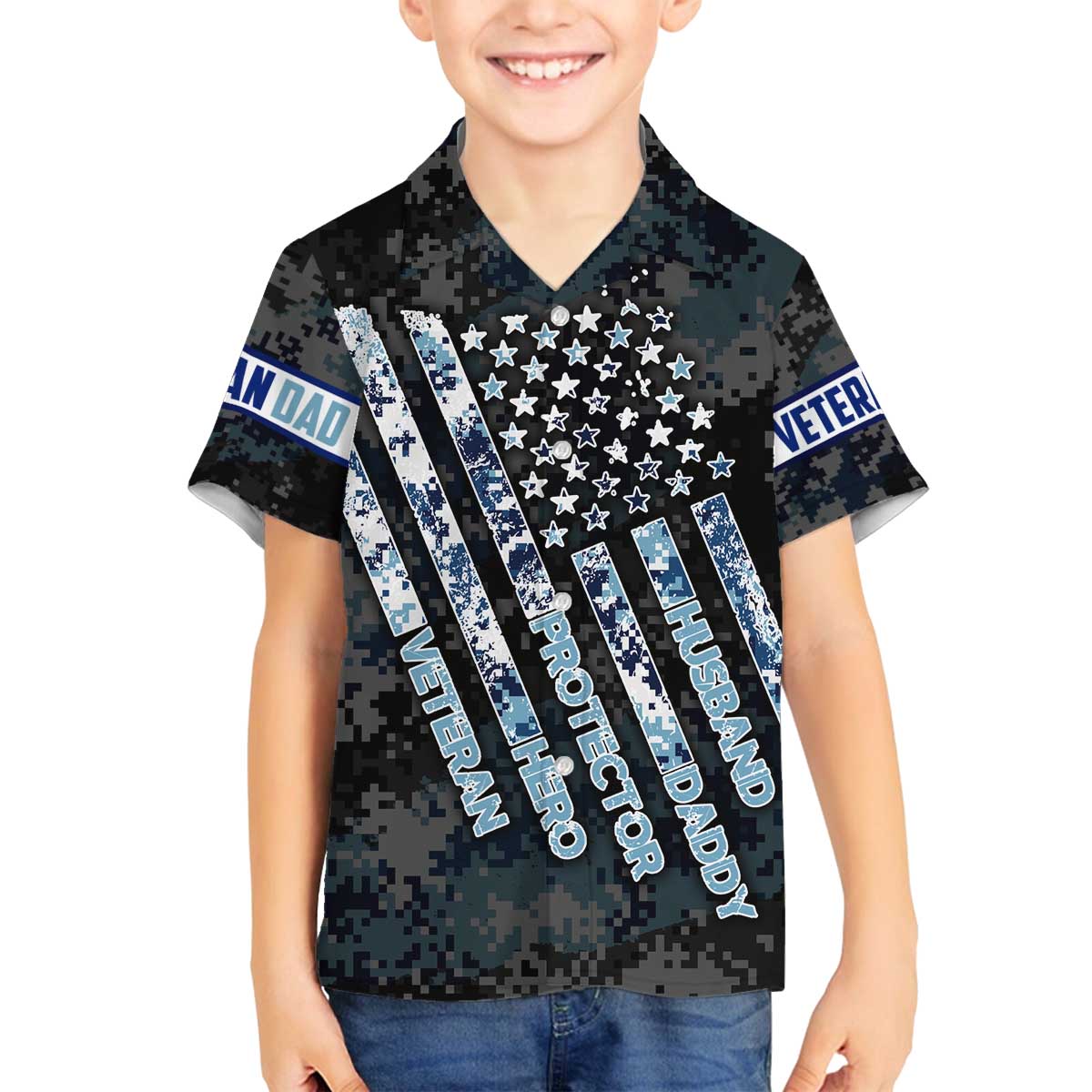 Veteran Hero Protector Husband Daddy Family Matching Off The Shoulder Long Sleeve Dress and Hawaiian Shirt Veteran Fathers Day