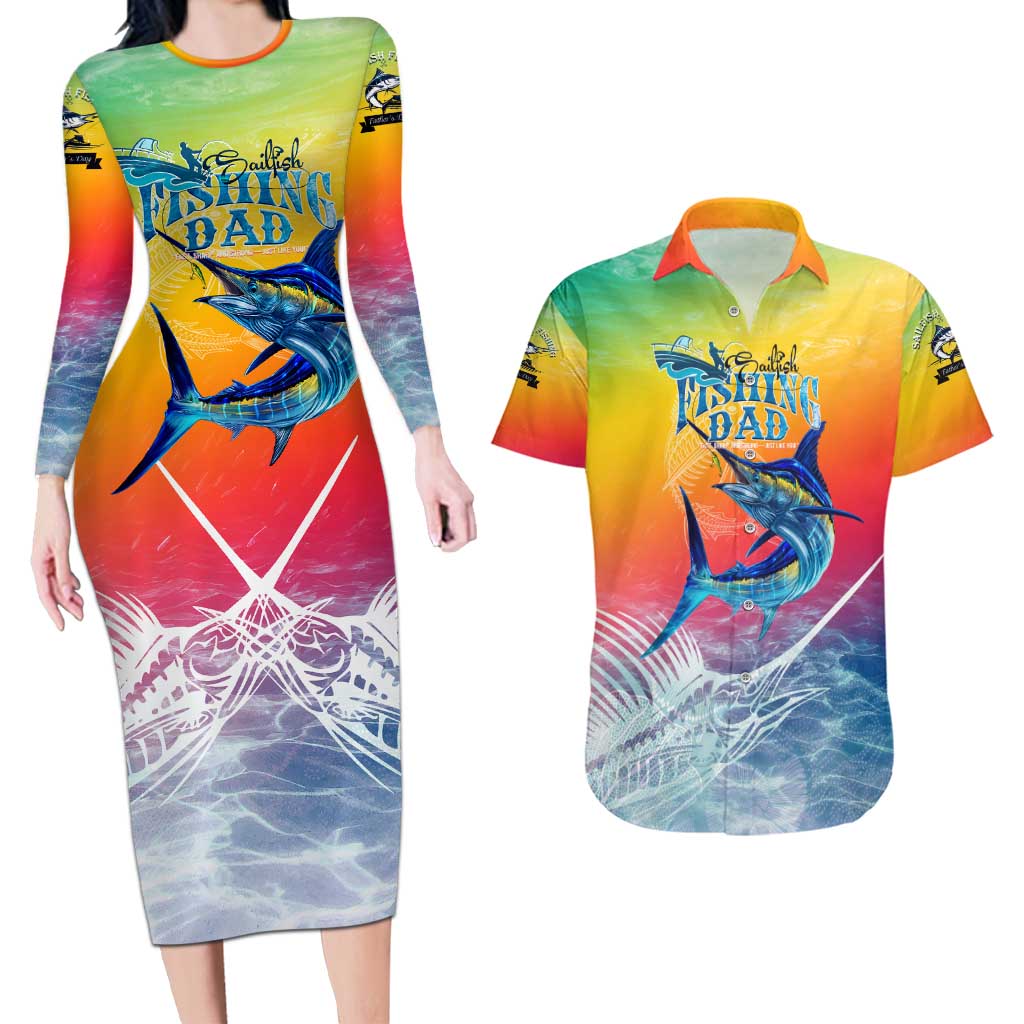 Fishing Dad Couples Matching Long Sleeve Bodycon Dress and Hawaiian Shirt Fast Sharp and Strong Like a Sailfish
