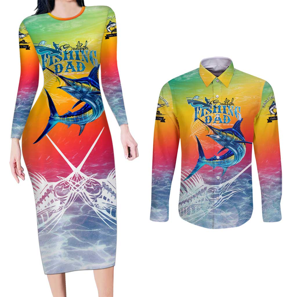 Fishing Dad Couples Matching Long Sleeve Bodycon Dress and Long Sleeve Button Shirt Fast Sharp and Strong Like a Sailfish