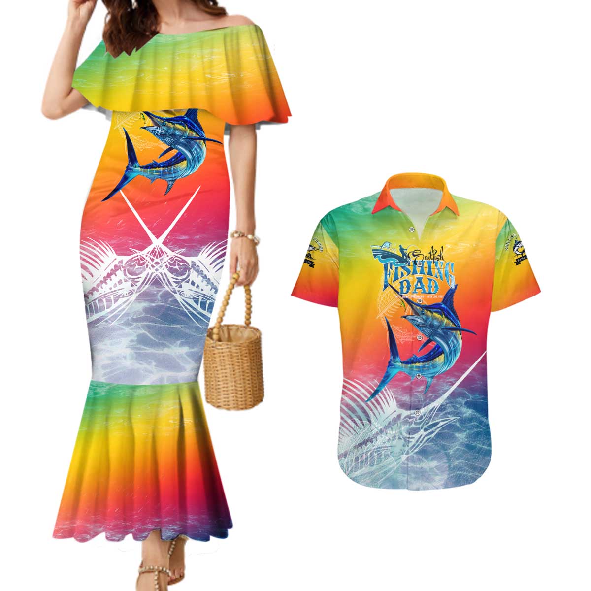 Fishing Dad Couples Matching Mermaid Dress and Hawaiian Shirt Fast Sharp and Strong Like a Sailfish