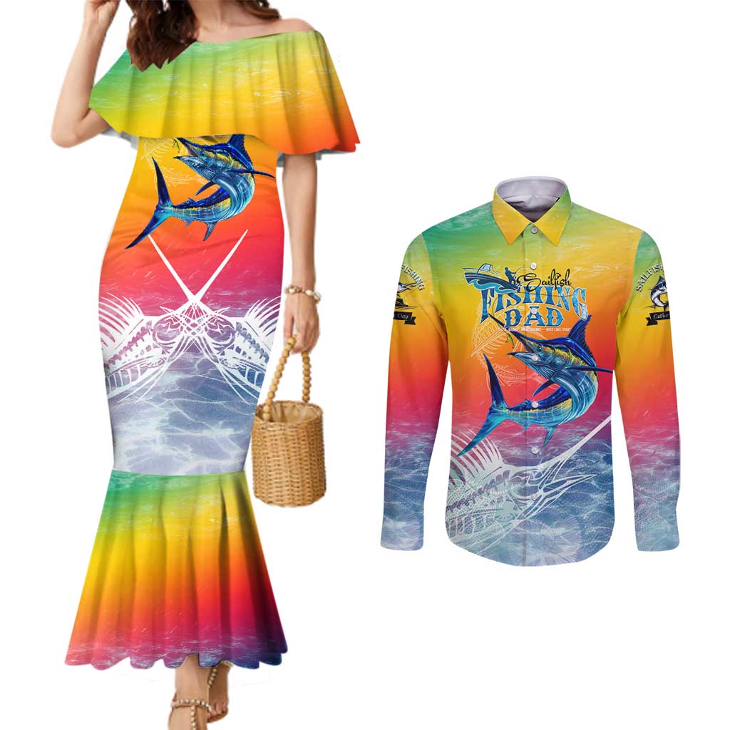 Fishing Dad Couples Matching Mermaid Dress and Long Sleeve Button Shirt Fast Sharp and Strong Like a Sailfish