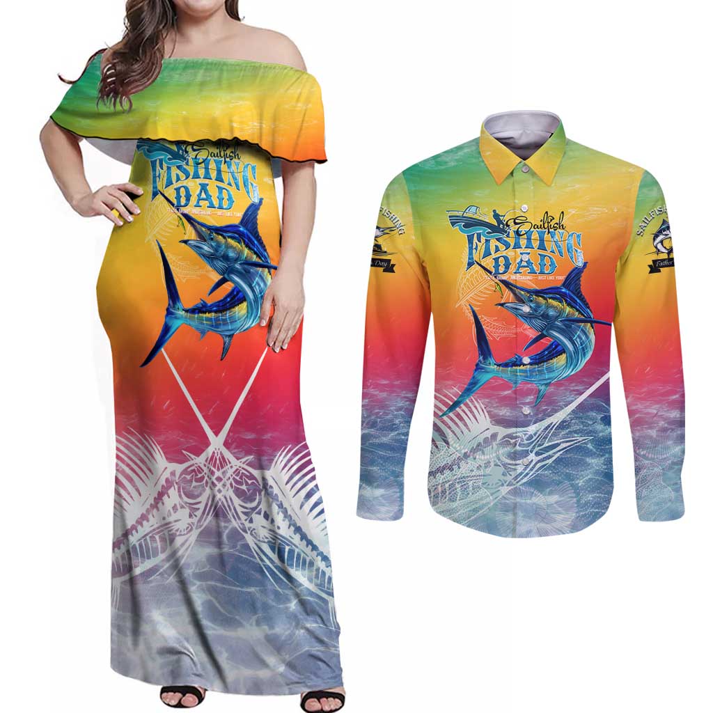 Fishing Dad Couples Matching Off Shoulder Maxi Dress and Long Sleeve Button Shirt Fast Sharp and Strong Like a Sailfish