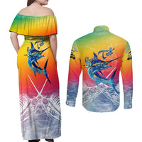 Fishing Dad Couples Matching Off Shoulder Maxi Dress and Long Sleeve Button Shirt Fast Sharp and Strong Like a Sailfish