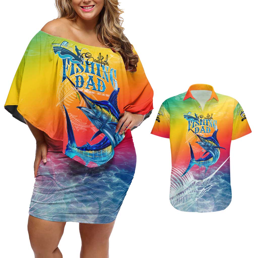 Fishing Dad Couples Matching Off Shoulder Short Dress and Hawaiian Shirt Fast Sharp and Strong Like a Sailfish