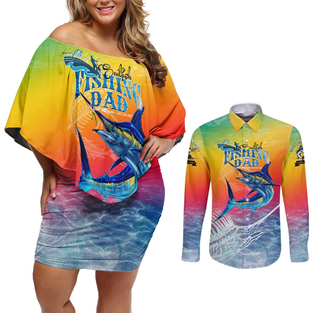 Fishing Dad Couples Matching Off Shoulder Short Dress and Long Sleeve Button Shirt Fast Sharp and Strong Like a Sailfish
