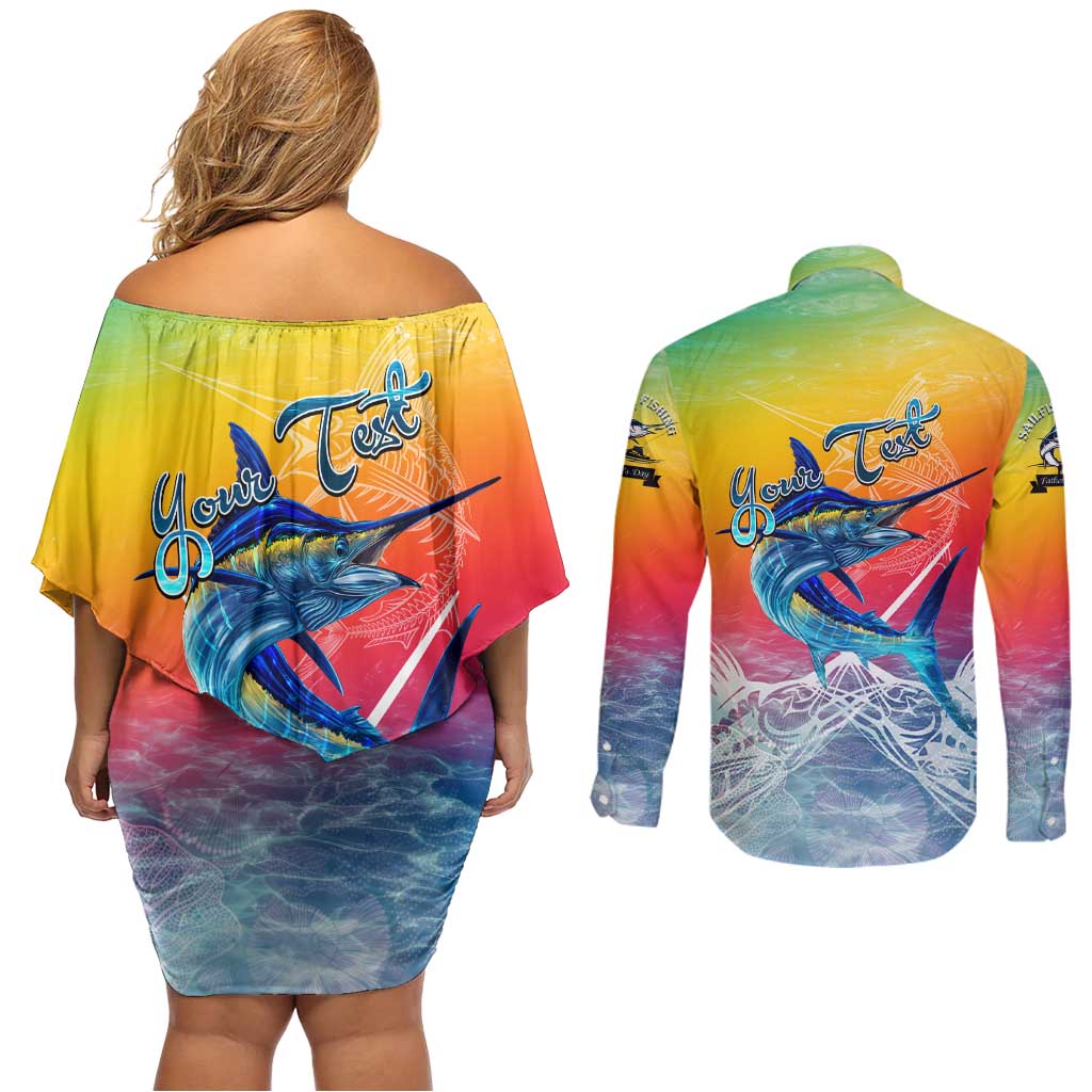 Fishing Dad Couples Matching Off Shoulder Short Dress and Long Sleeve Button Shirt Fast Sharp and Strong Like a Sailfish