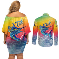 Fishing Dad Couples Matching Off Shoulder Short Dress and Long Sleeve Button Shirt Fast Sharp and Strong Like a Sailfish