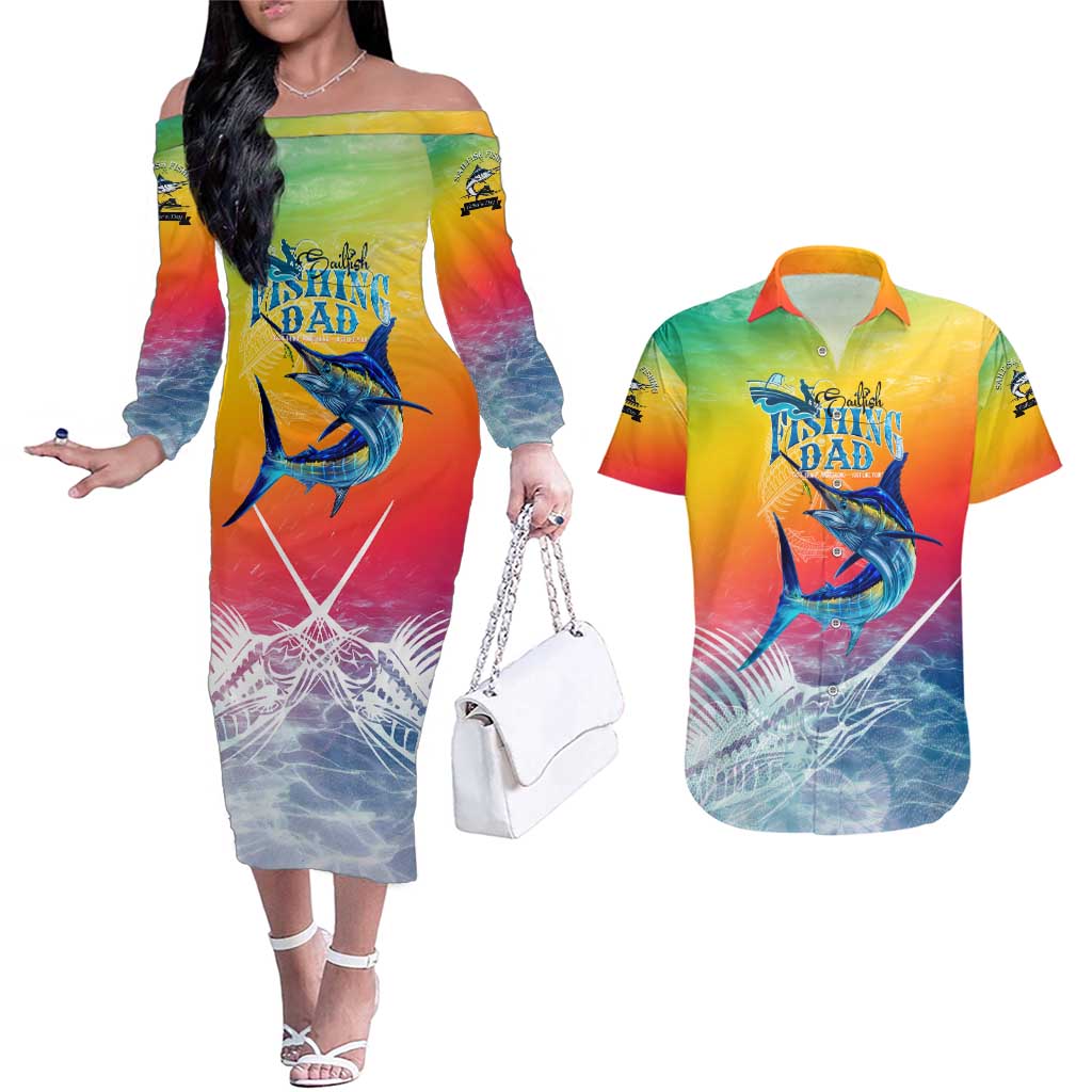 Fishing Dad Couples Matching Off The Shoulder Long Sleeve Dress and Hawaiian Shirt Fast Sharp and Strong Like a Sailfish