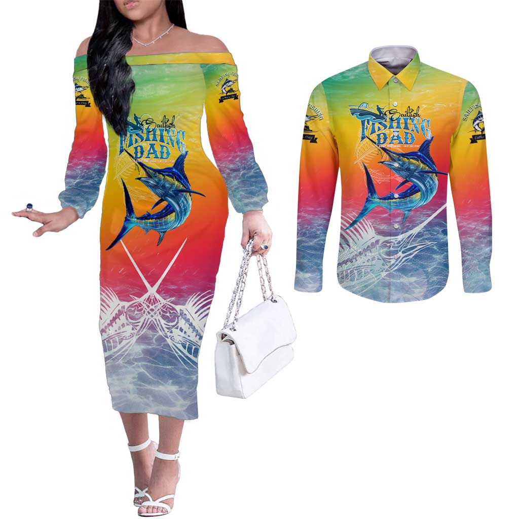 Fishing Dad Couples Matching Off The Shoulder Long Sleeve Dress and Long Sleeve Button Shirt Fast Sharp and Strong Like a Sailfish