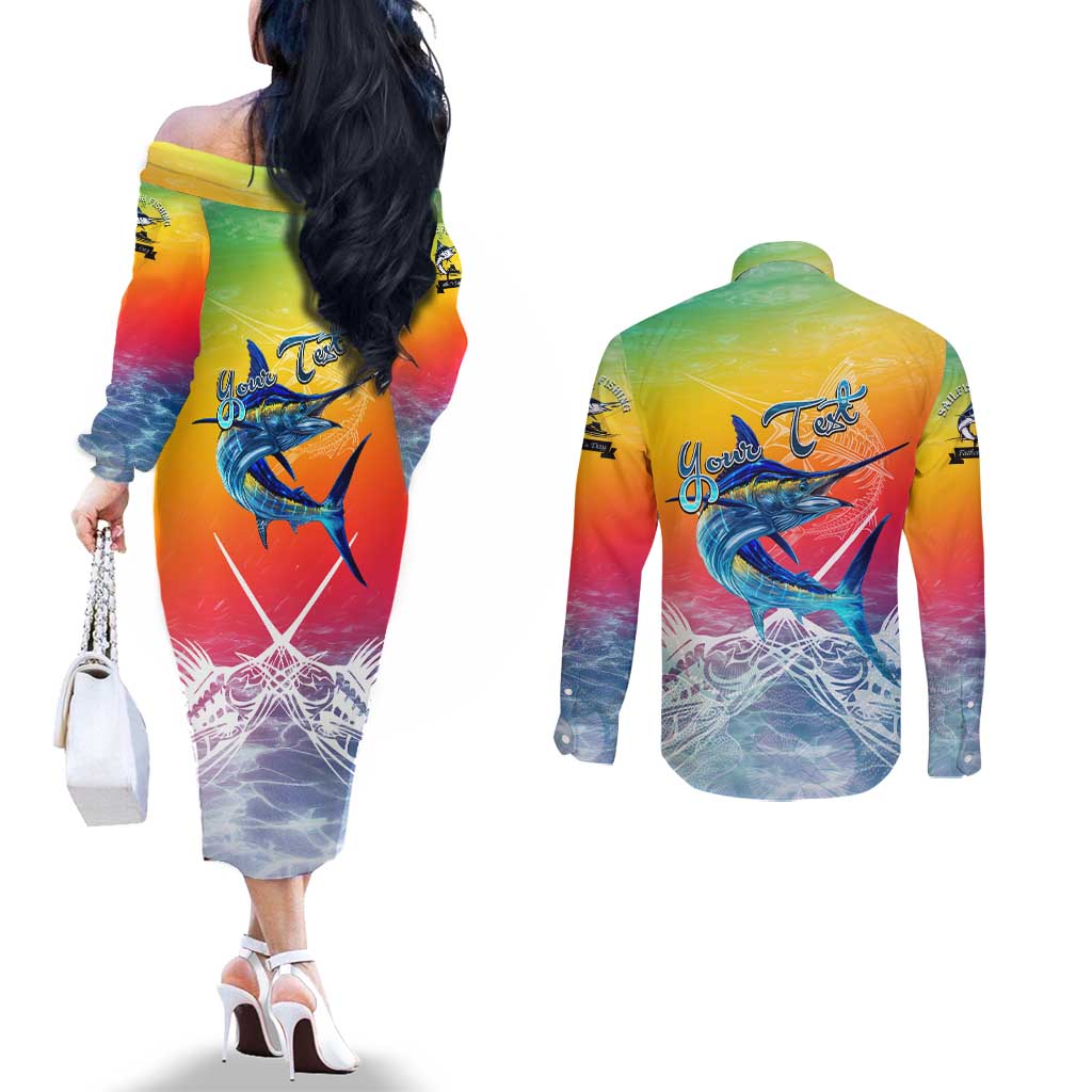 Fishing Dad Couples Matching Off The Shoulder Long Sleeve Dress and Long Sleeve Button Shirt Fast Sharp and Strong Like a Sailfish