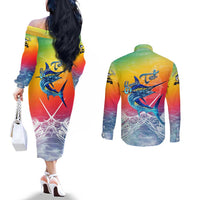 Fishing Dad Couples Matching Off The Shoulder Long Sleeve Dress and Long Sleeve Button Shirt Fast Sharp and Strong Like a Sailfish