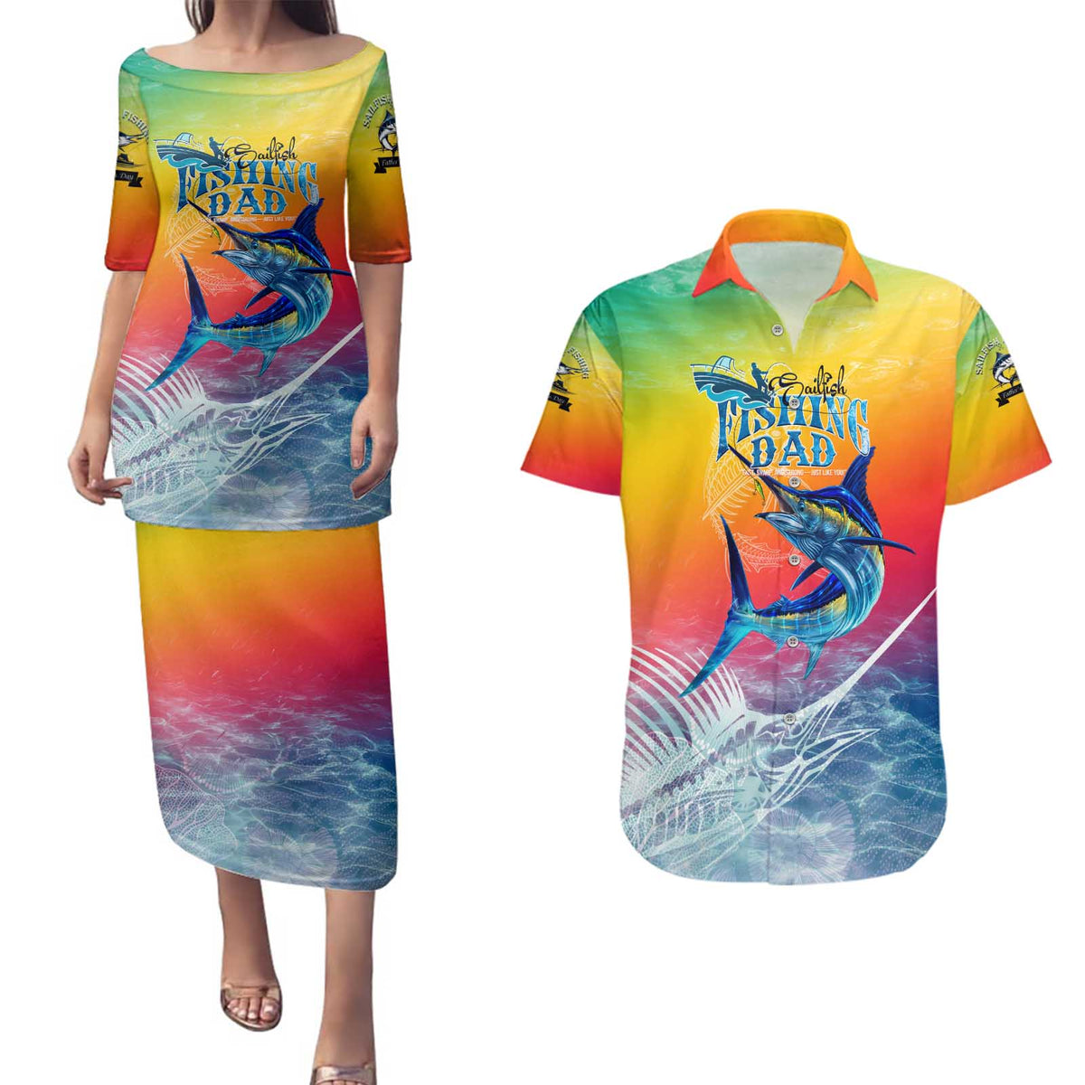 Fishing Dad Couples Matching Puletasi and Hawaiian Shirt Fast Sharp and Strong Like a Sailfish