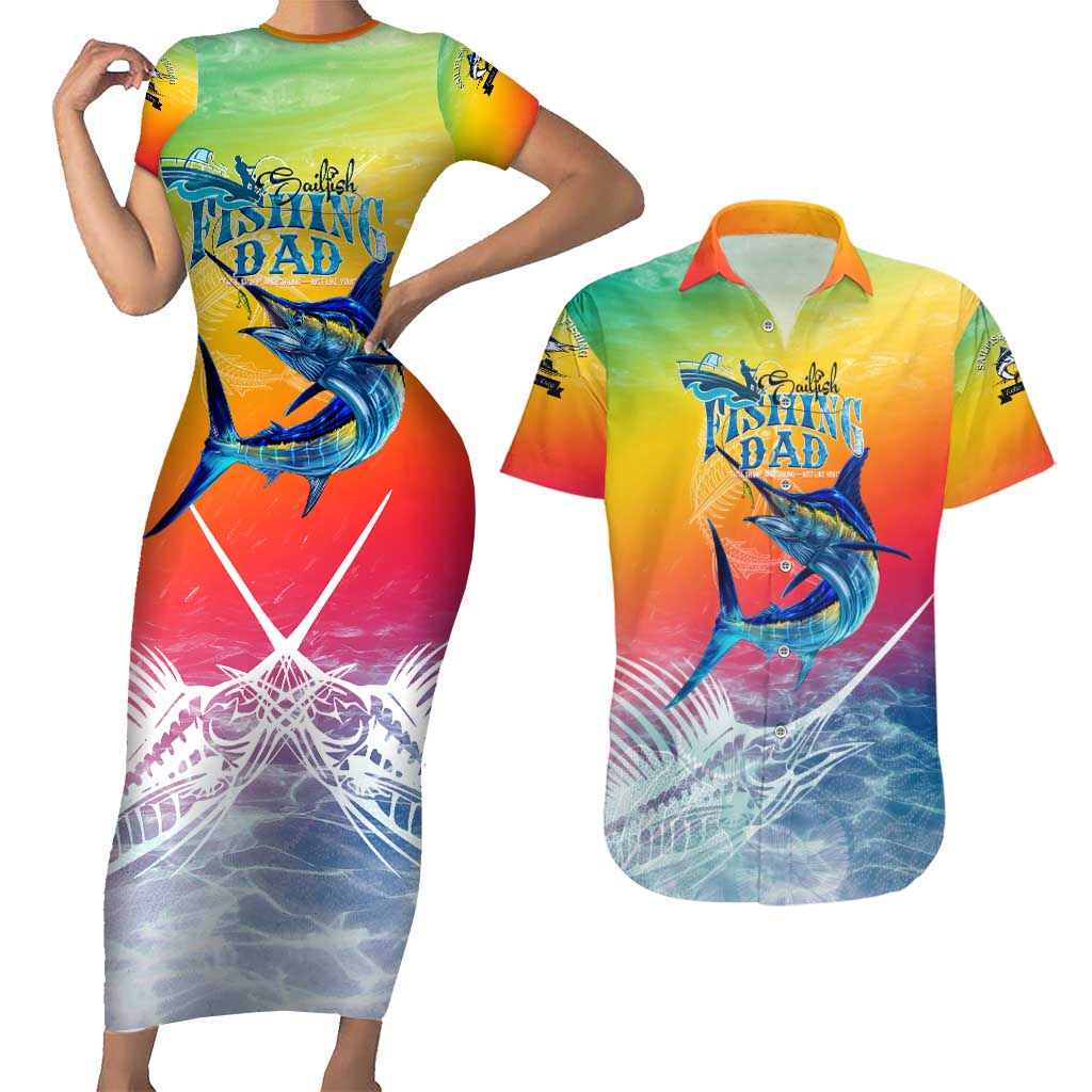 Fishing Dad Couples Matching Short Sleeve Bodycon Dress and Hawaiian Shirt Fast Sharp and Strong Like a Sailfish