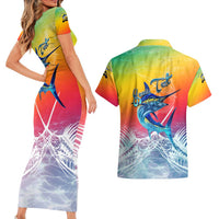 Fishing Dad Couples Matching Short Sleeve Bodycon Dress and Hawaiian Shirt Fast Sharp and Strong Like a Sailfish