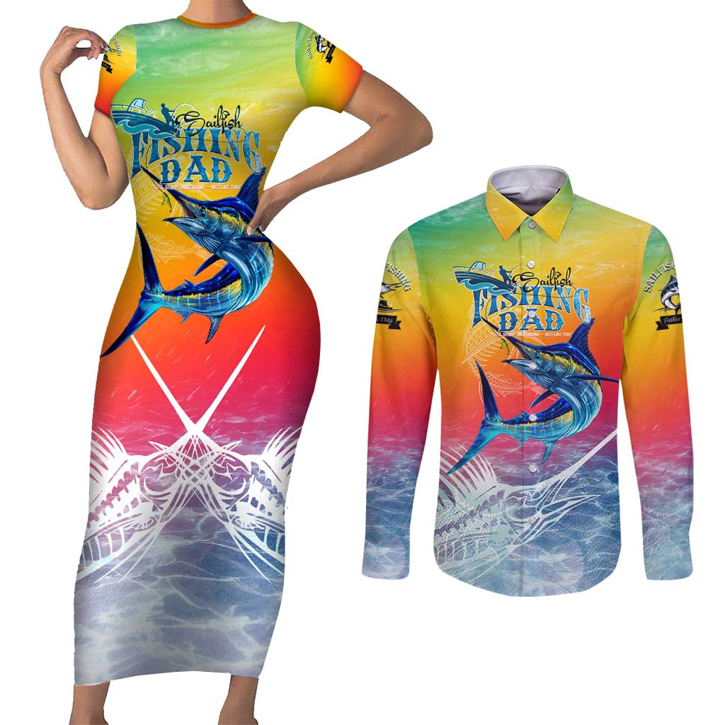 Fishing Dad Couples Matching Short Sleeve Bodycon Dress and Long Sleeve Button Shirt Fast Sharp and Strong Like a Sailfish