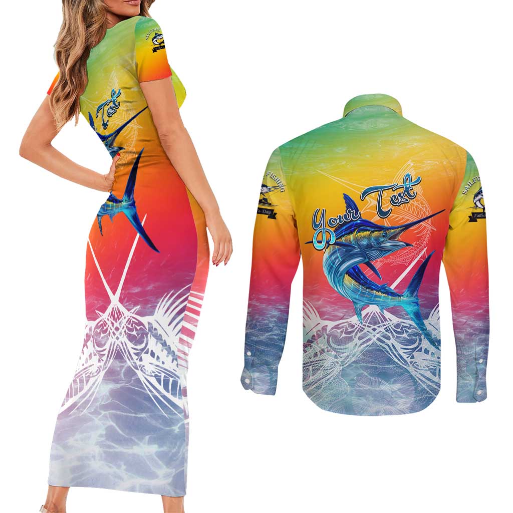 Fishing Dad Couples Matching Short Sleeve Bodycon Dress and Long Sleeve Button Shirt Fast Sharp and Strong Like a Sailfish