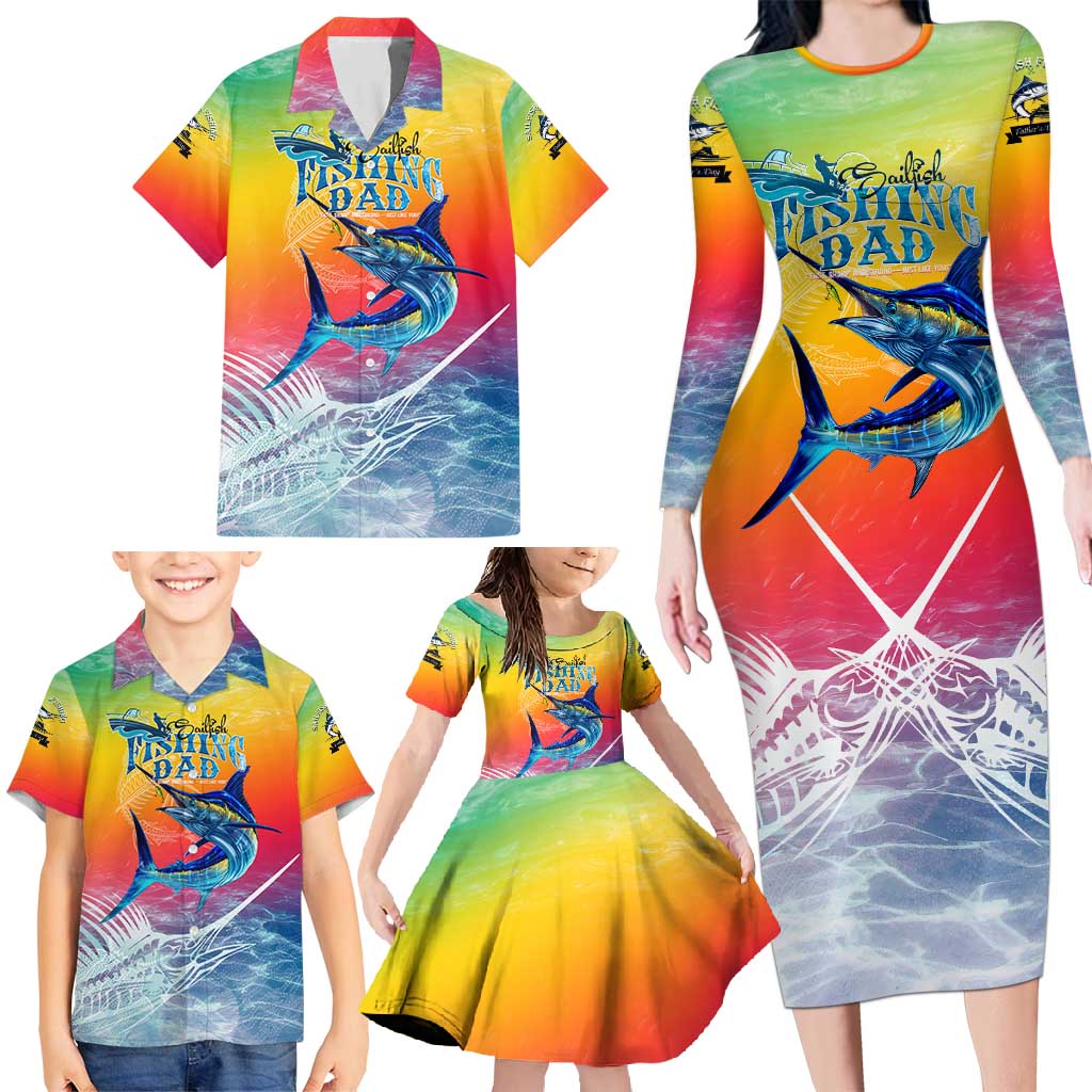 Fishing Dad Family Matching Long Sleeve Bodycon Dress and Hawaiian Shirt Fast Sharp and Strong Like a Sailfish