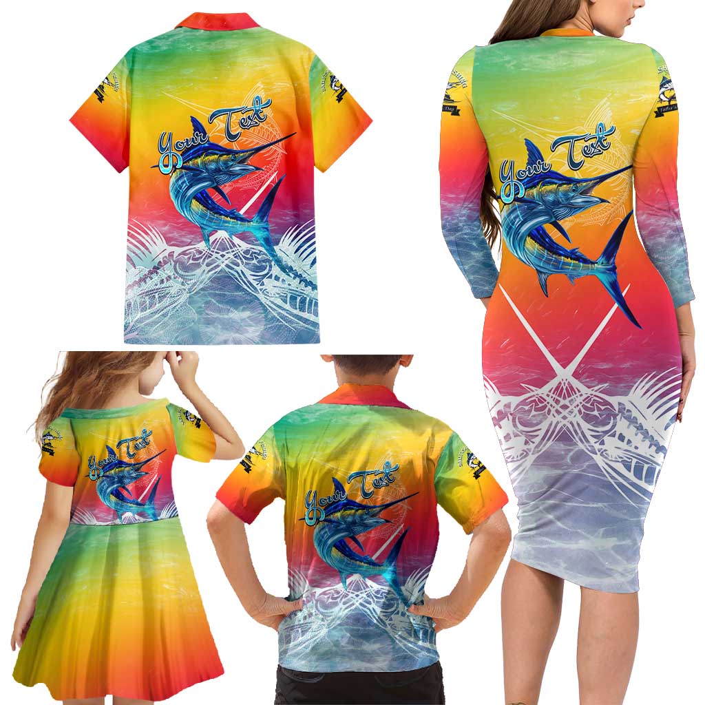 Fishing Dad Family Matching Long Sleeve Bodycon Dress and Hawaiian Shirt Fast Sharp and Strong Like a Sailfish