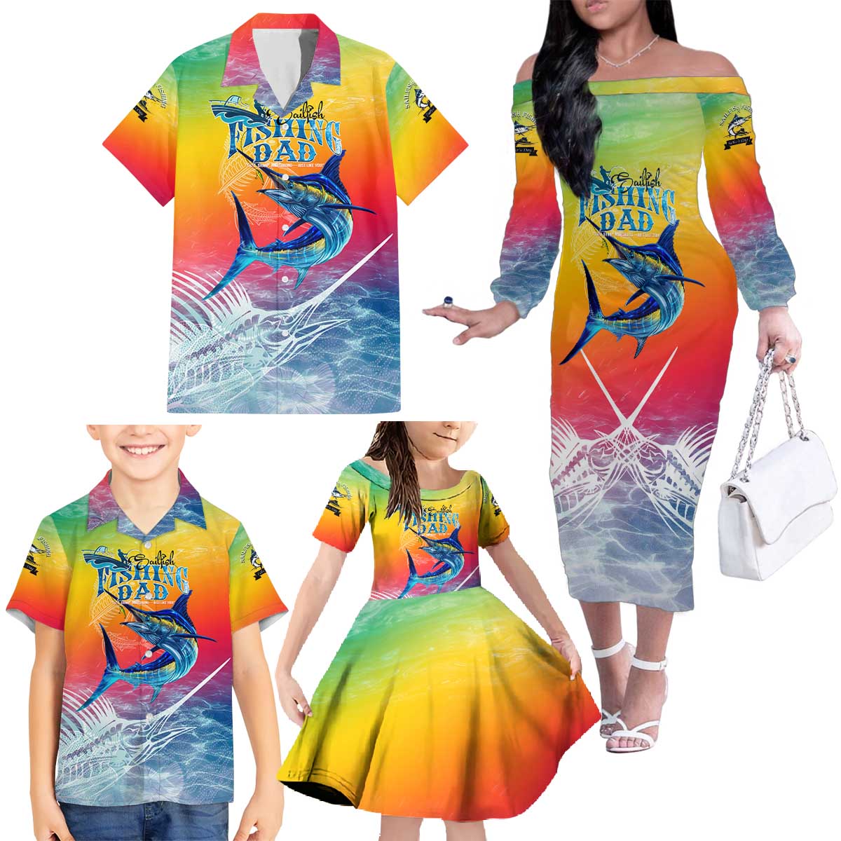 Fishing Dad Family Matching Off The Shoulder Long Sleeve Dress and Hawaiian Shirt Fast Sharp and Strong Like a Sailfish