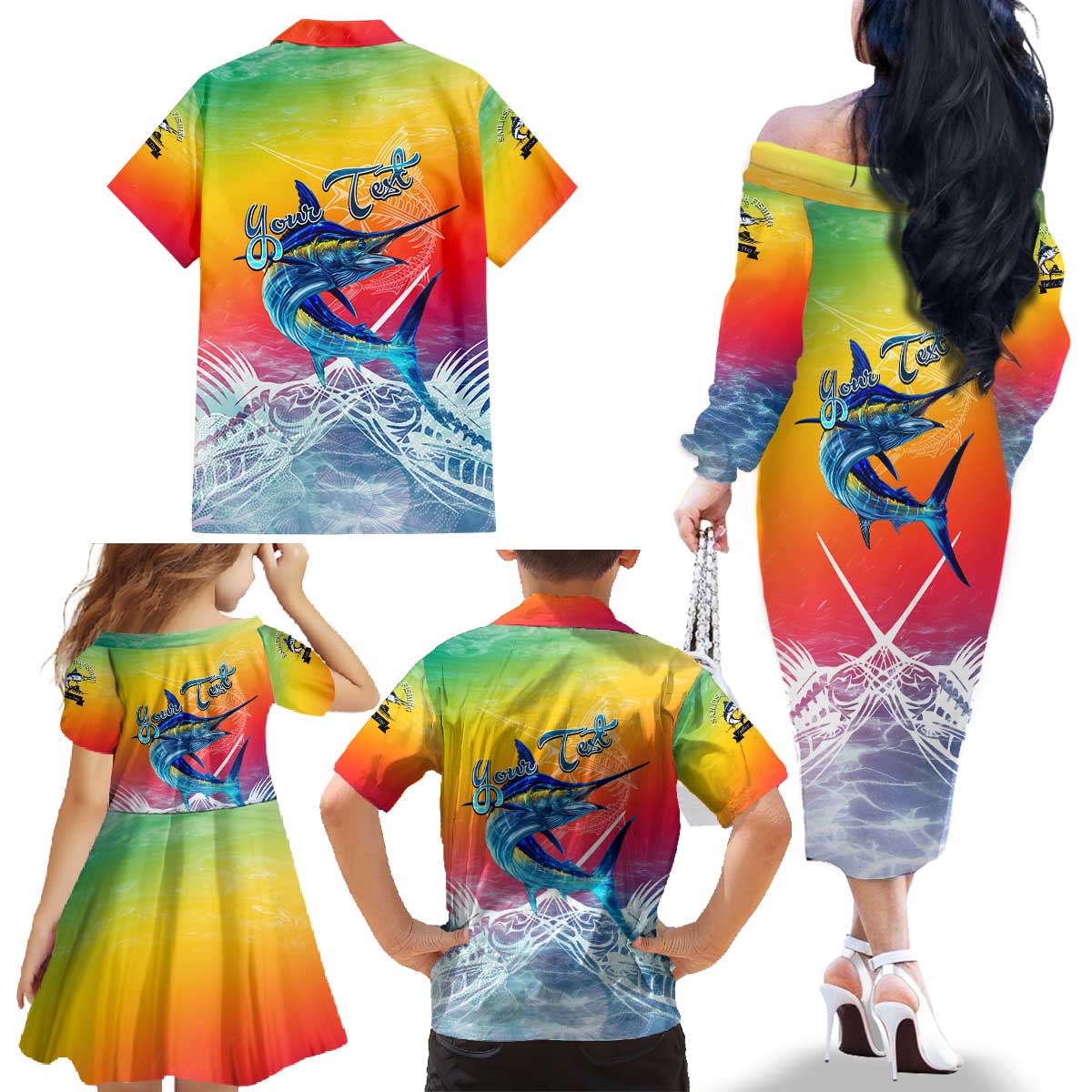 Fishing Dad Family Matching Off The Shoulder Long Sleeve Dress and Hawaiian Shirt Fast Sharp and Strong Like a Sailfish