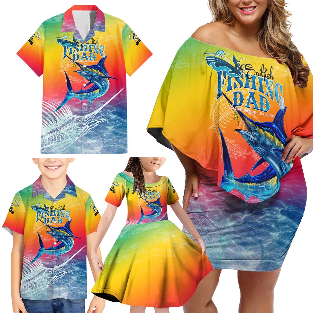 Fishing Dad Family Matching Off Shoulder Short Dress and Hawaiian Shirt Fast Sharp and Strong Like a Sailfish