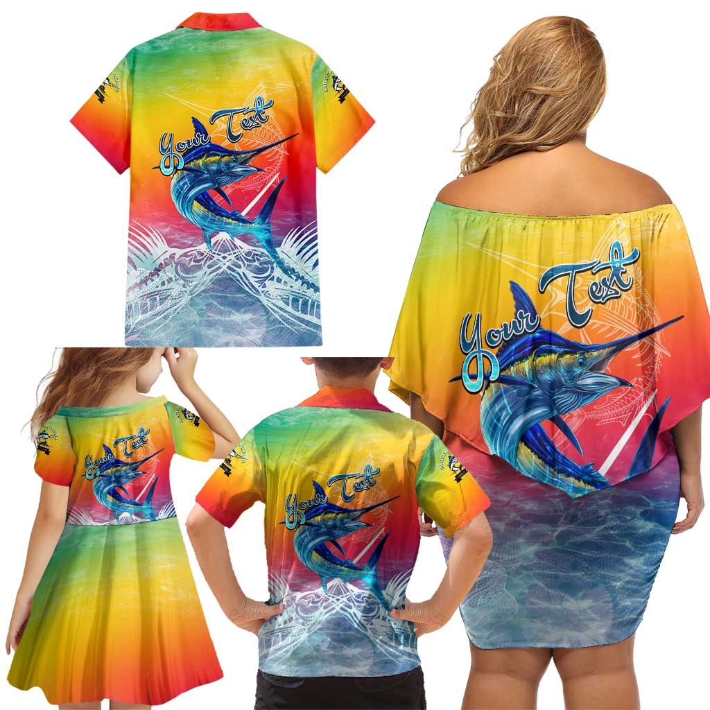 Fishing Dad Family Matching Off Shoulder Short Dress and Hawaiian Shirt Fast Sharp and Strong Like a Sailfish