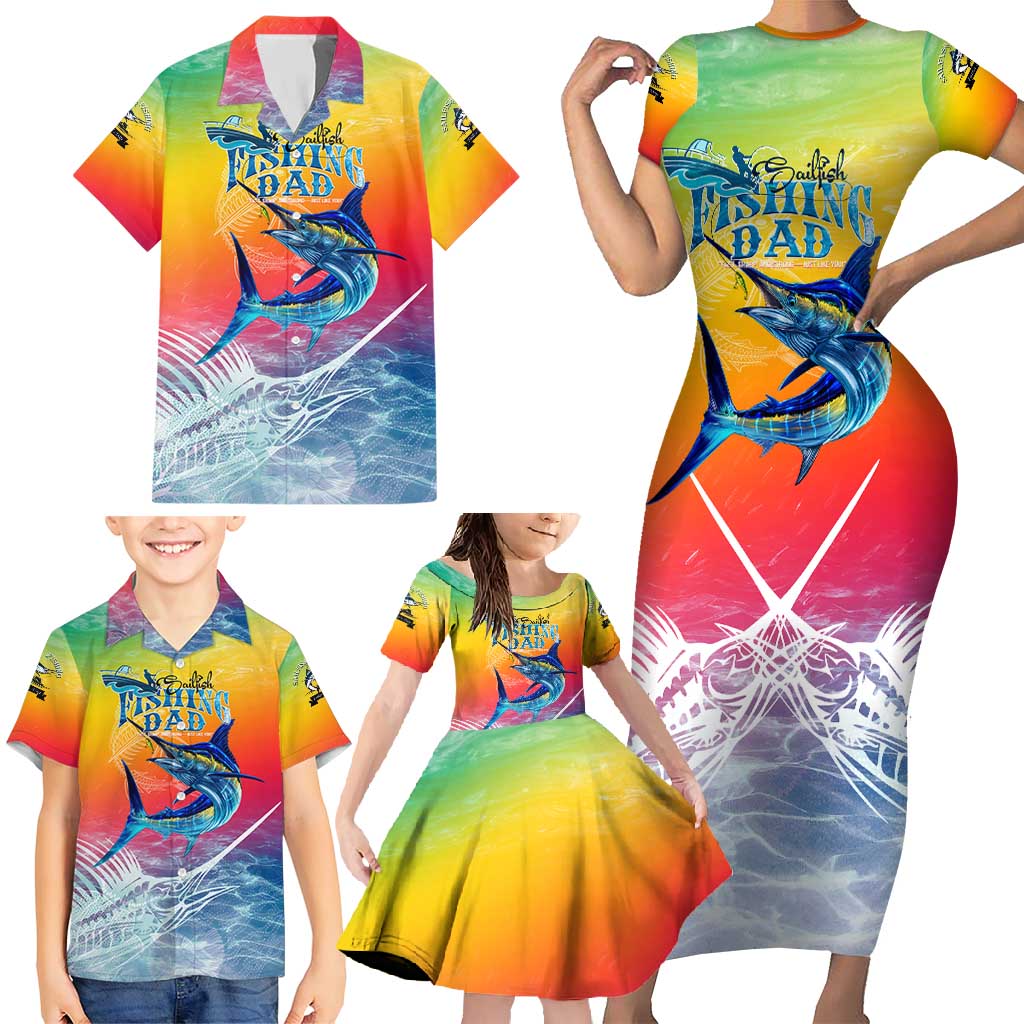 Fishing Dad Family Matching Short Sleeve Bodycon Dress and Hawaiian Shirt Fast Sharp and Strong Like a Sailfish