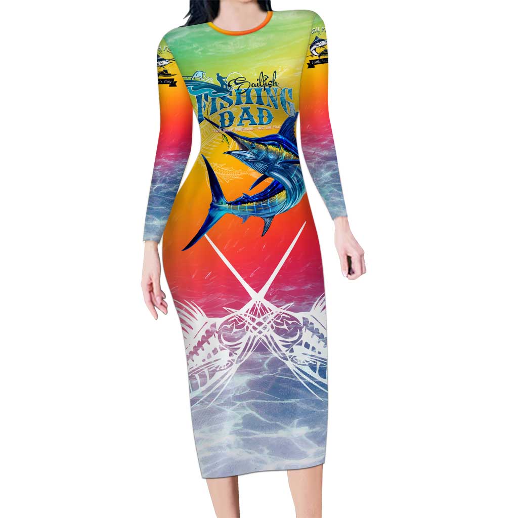 Fishing Dad Long Sleeve Bodycon Dress Fast Sharp and Strong Like a Sailfish