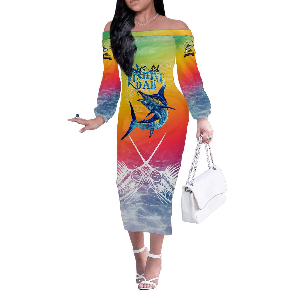 Fishing Dad Off The Shoulder Long Sleeve Dress Fast Sharp and Strong Like a Sailfish