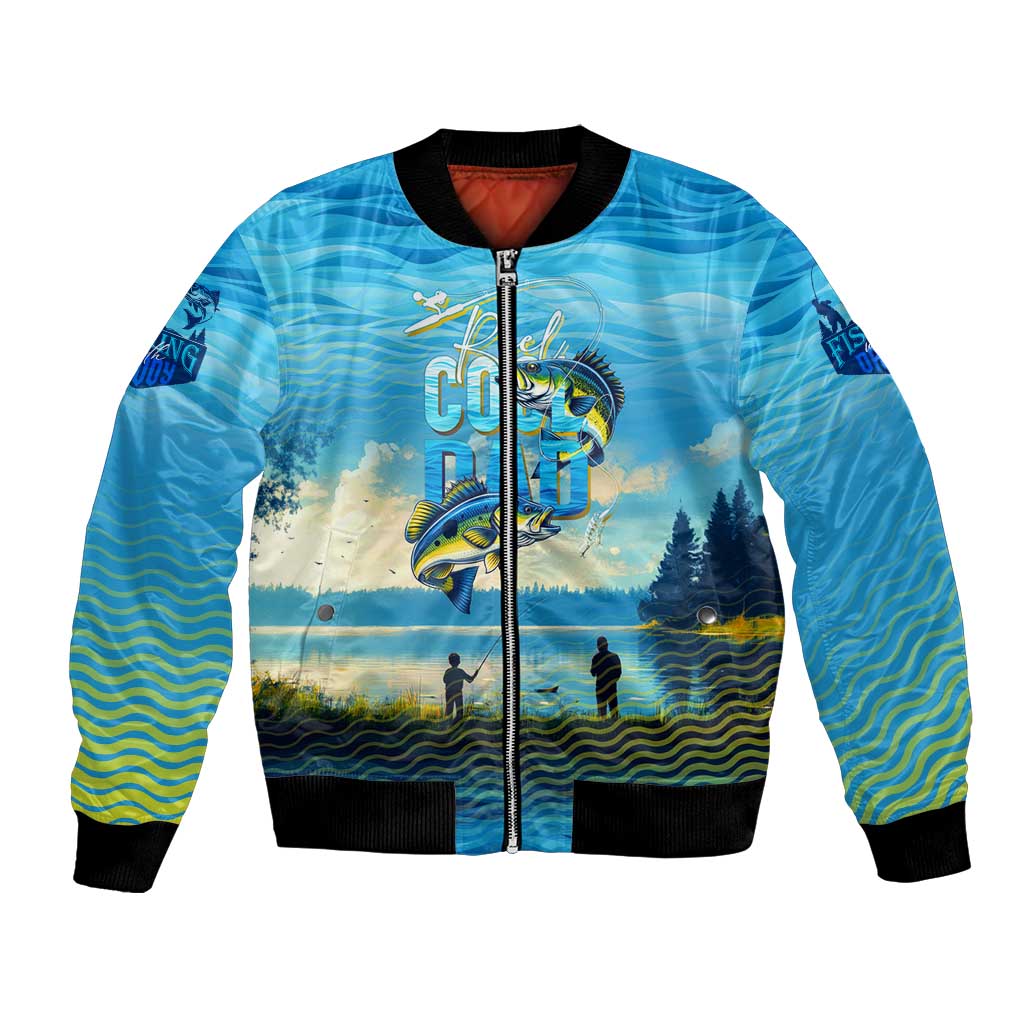 Reel Cool Dad Fishing Bomber Jacket Father Hooked on Love and Lakeside Moments