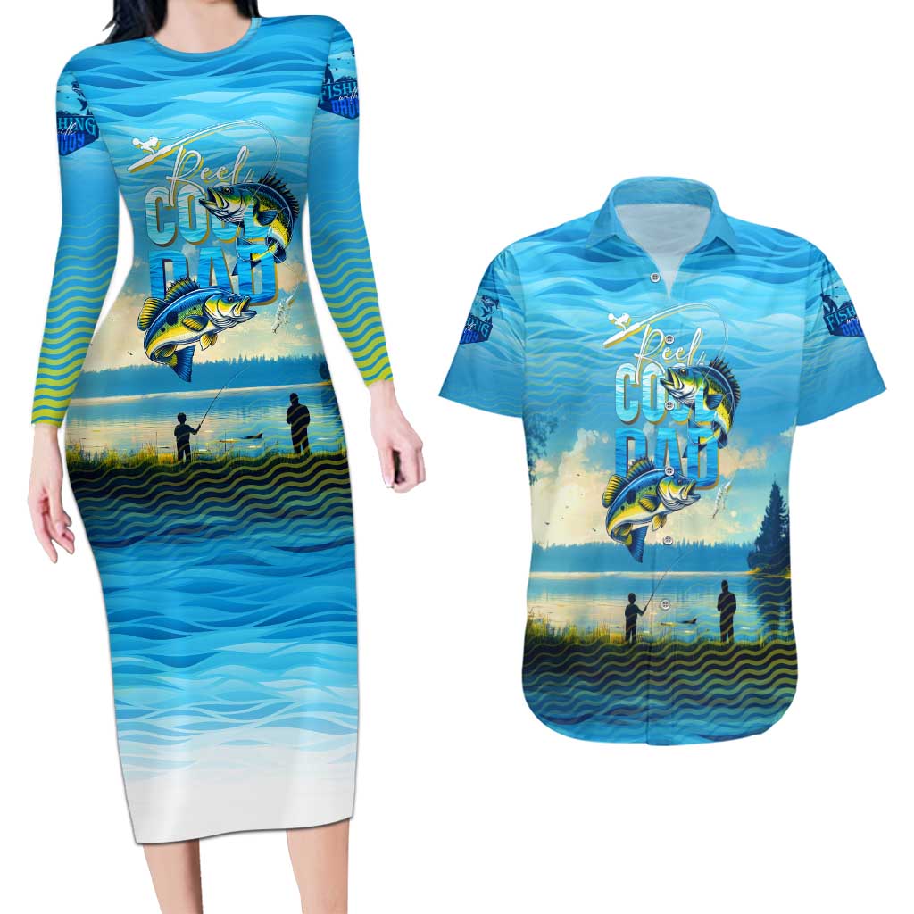 Reel Cool Dad Fishing Couples Matching Long Sleeve Bodycon Dress and Hawaiian Shirt Father Hooked on Love and Lakeside Moments