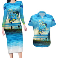 Reel Cool Dad Fishing Couples Matching Long Sleeve Bodycon Dress and Hawaiian Shirt Father Hooked on Love and Lakeside Moments