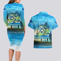Reel Cool Dad Fishing Couples Matching Long Sleeve Bodycon Dress and Hawaiian Shirt Father Hooked on Love and Lakeside Moments