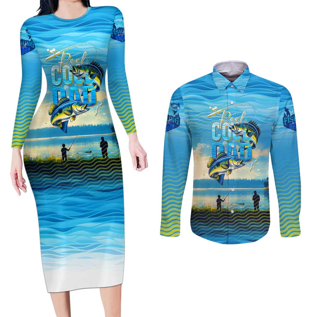Reel Cool Dad Fishing Couples Matching Long Sleeve Bodycon Dress and Long Sleeve Button Shirt Father Hooked on Love and Lakeside Moments