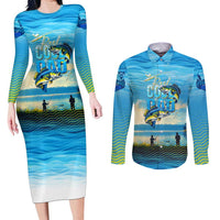 Reel Cool Dad Fishing Couples Matching Long Sleeve Bodycon Dress and Long Sleeve Button Shirt Father Hooked on Love and Lakeside Moments