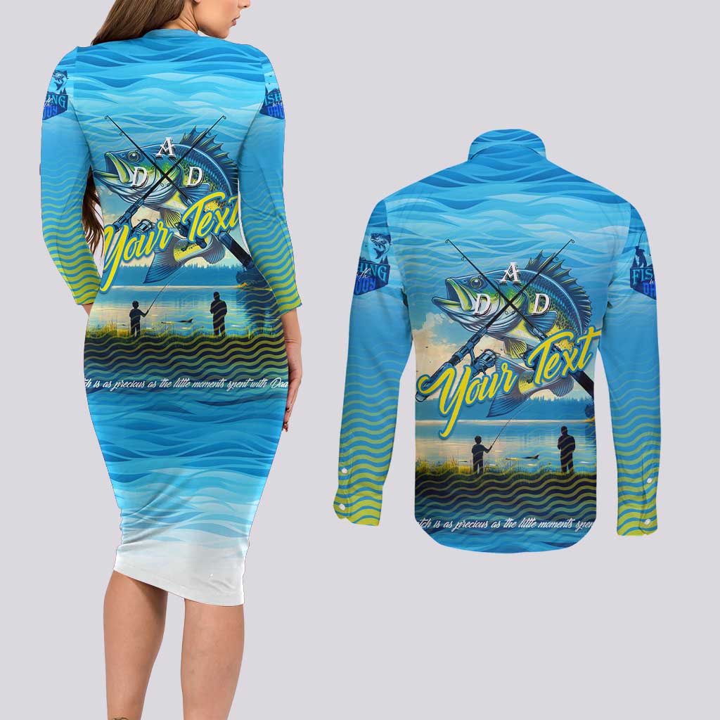 Reel Cool Dad Fishing Couples Matching Long Sleeve Bodycon Dress and Long Sleeve Button Shirt Father Hooked on Love and Lakeside Moments