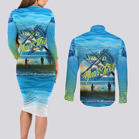 Reel Cool Dad Fishing Couples Matching Long Sleeve Bodycon Dress and Long Sleeve Button Shirt Father Hooked on Love and Lakeside Moments