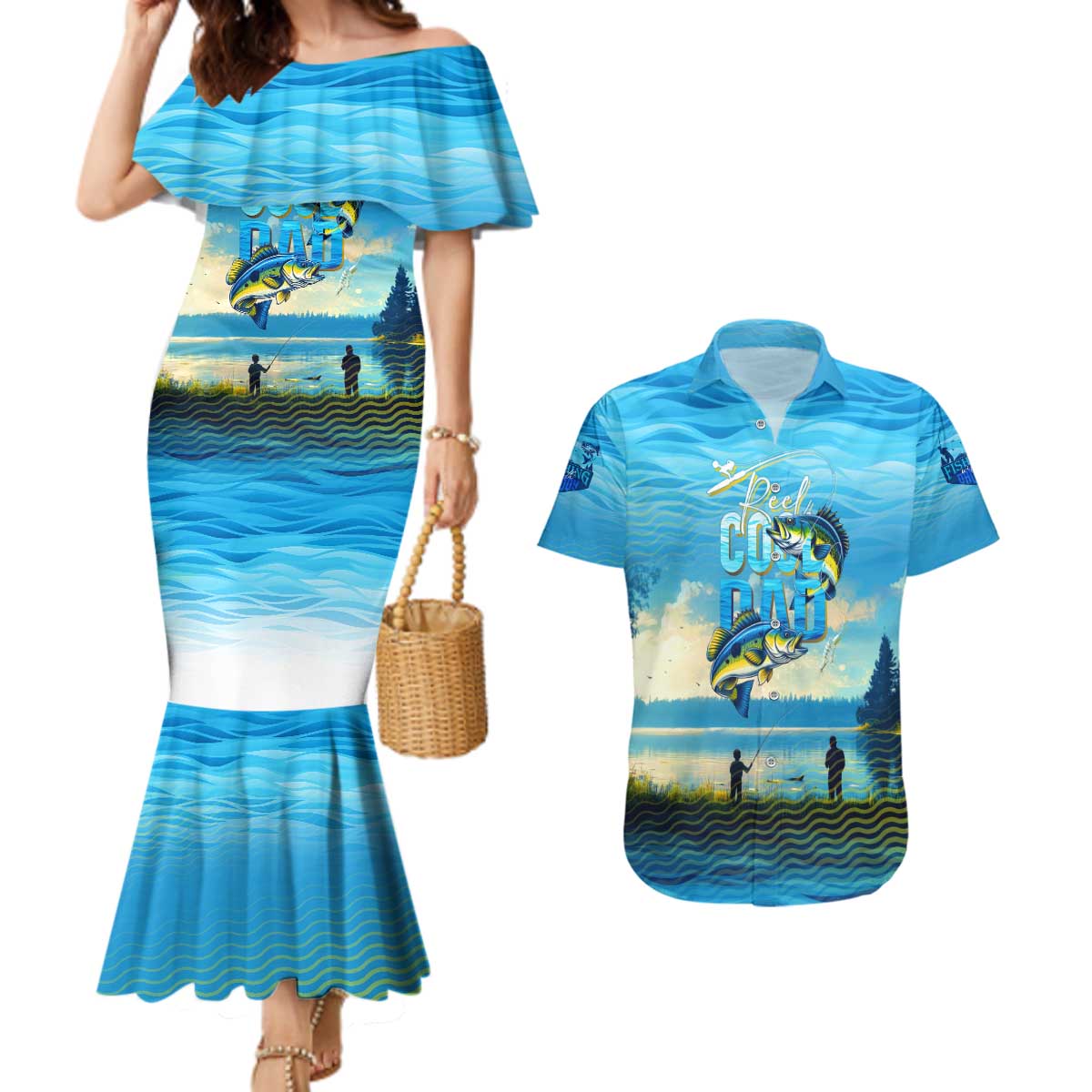 Reel Cool Dad Fishing Couples Matching Mermaid Dress and Hawaiian Shirt Father Hooked on Love and Lakeside Moments