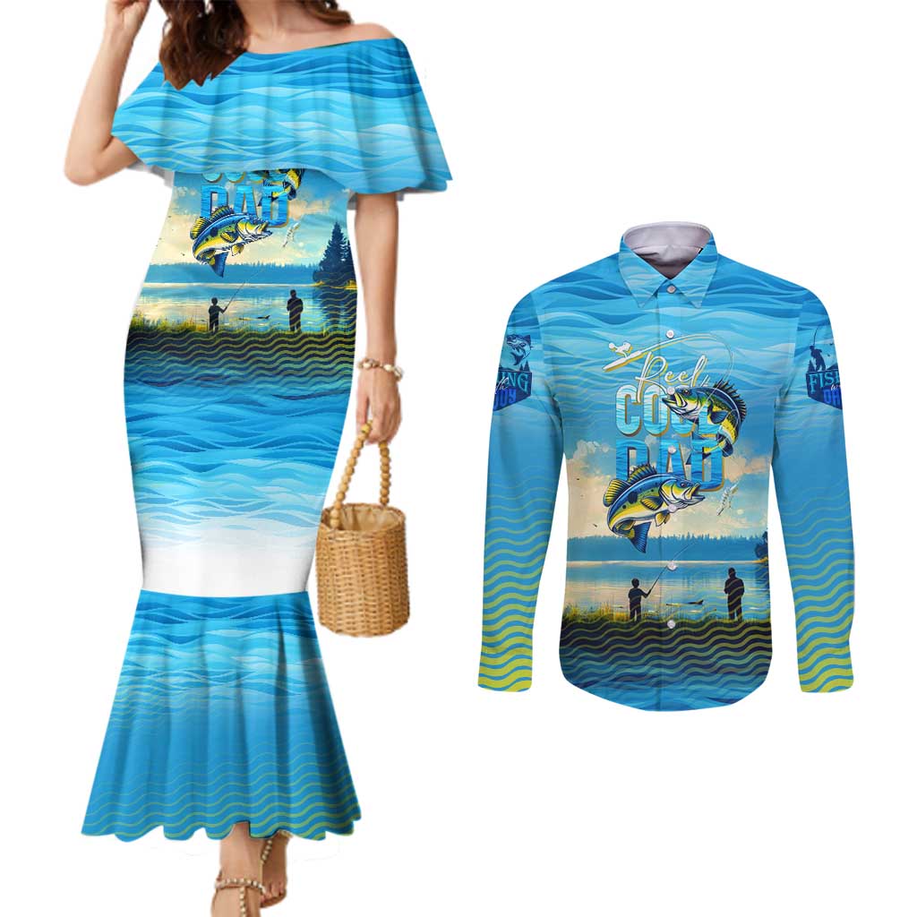 Reel Cool Dad Fishing Couples Matching Mermaid Dress and Long Sleeve Button Shirt Father Hooked on Love and Lakeside Moments