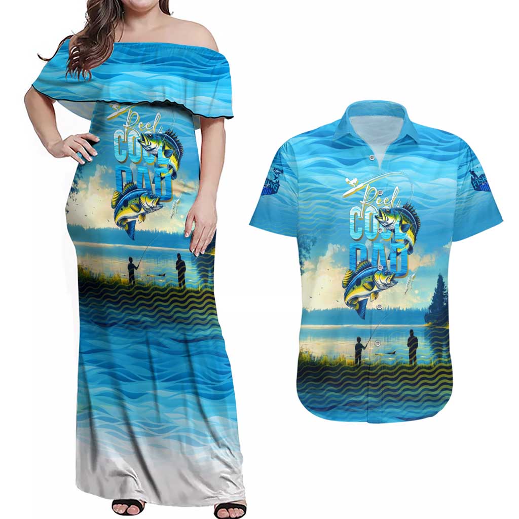 Reel Cool Dad Fishing Couples Matching Off Shoulder Maxi Dress and Hawaiian Shirt Father Hooked on Love and Lakeside Moments